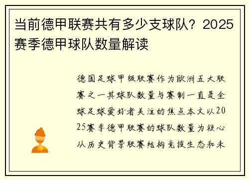 当前德甲联赛共有多少支球队？2025赛季德甲球队数量解读