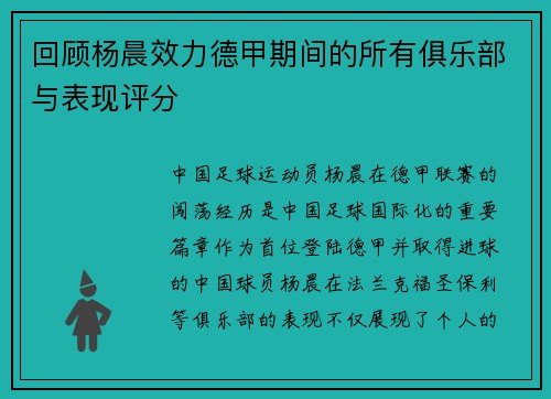 回顾杨晨效力德甲期间的所有俱乐部与表现评分